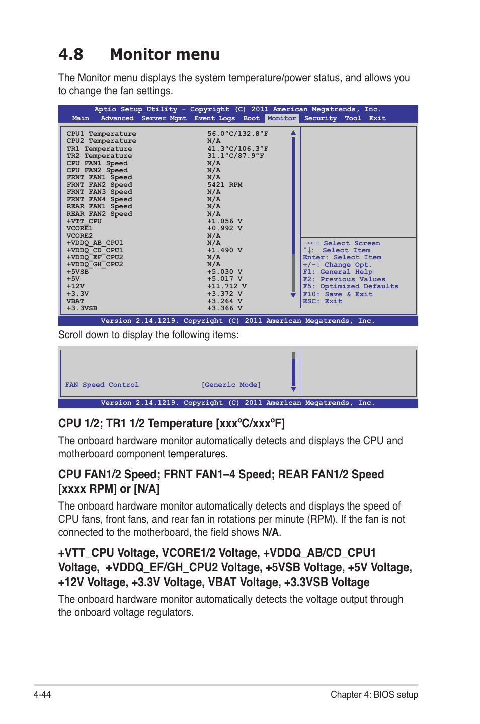 8 monitor menu, Monitor menu -44 | Asus Z9PR-D12 User Manual | Page 106 / 190