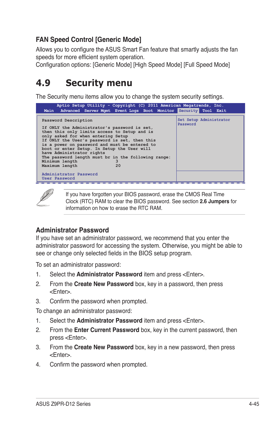 9 security menu, Security menu -45, Fan speed control [generic mode | Administrator password | Asus Z9PR-D12 User Manual | Page 107 / 190