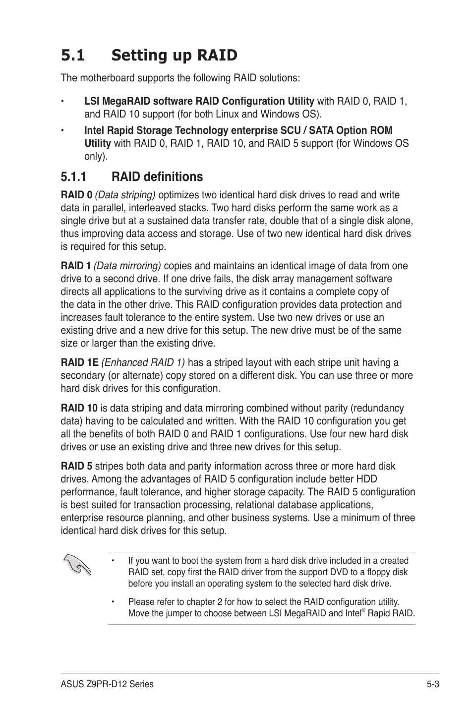 1 setting up raid, 1 raid definitions, Setting up raid -3 5.1.1 | Raid definitions -3, Setting up raid -3 | Asus Z9PR-D12 User Manual | Page 113 / 190