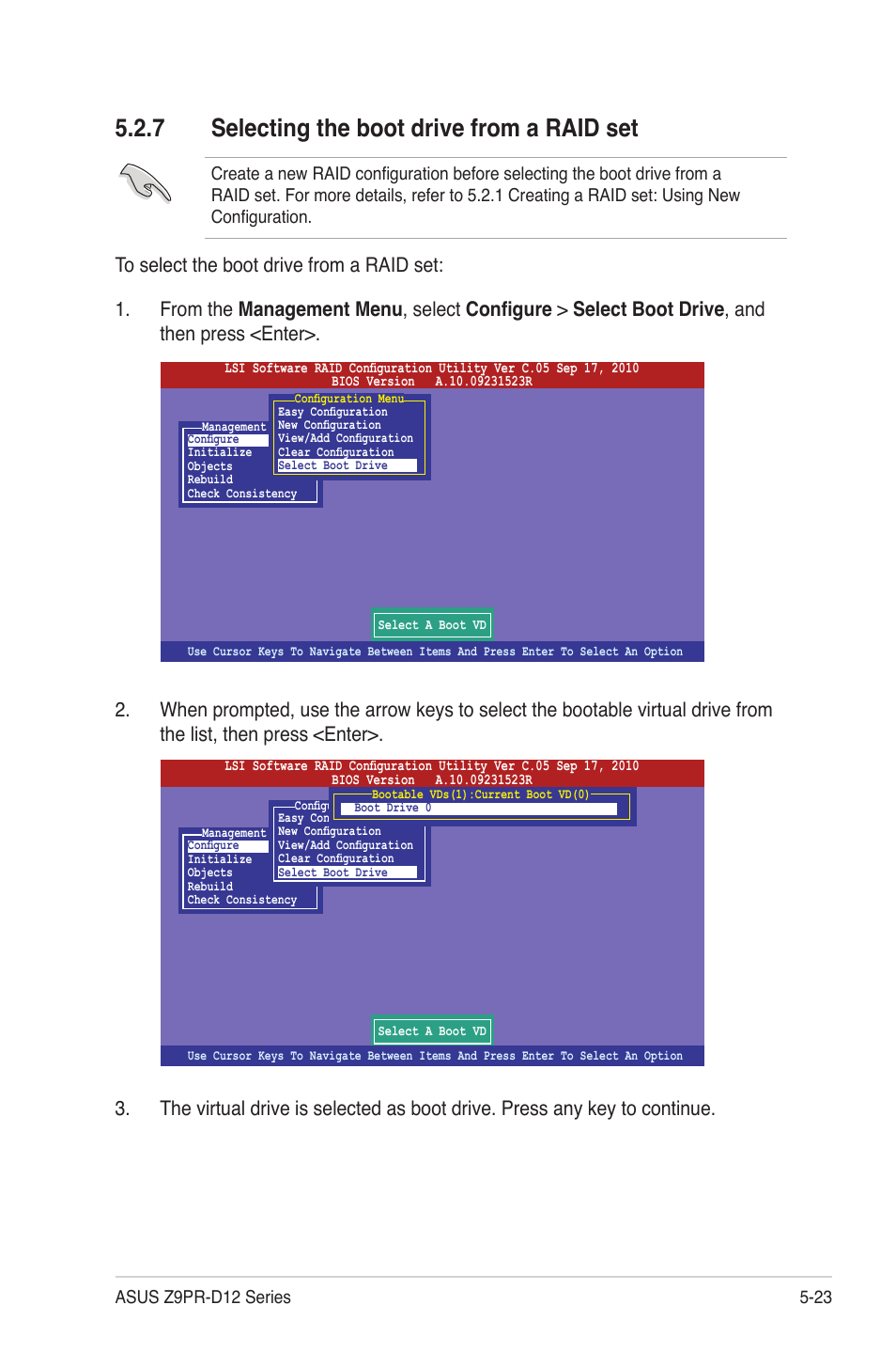 7 selecting the boot drive from a raid set, Selecting the boot drive from a raid set -23 | Asus Z9PR-D12 User Manual | Page 133 / 190