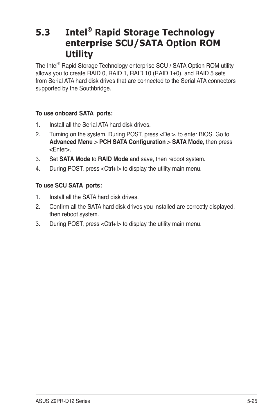 Intel, Rapid storage technology enterprise scu/sata, Option rom utility -25 | 3 intel | Asus Z9PR-D12 User Manual | Page 135 / 190