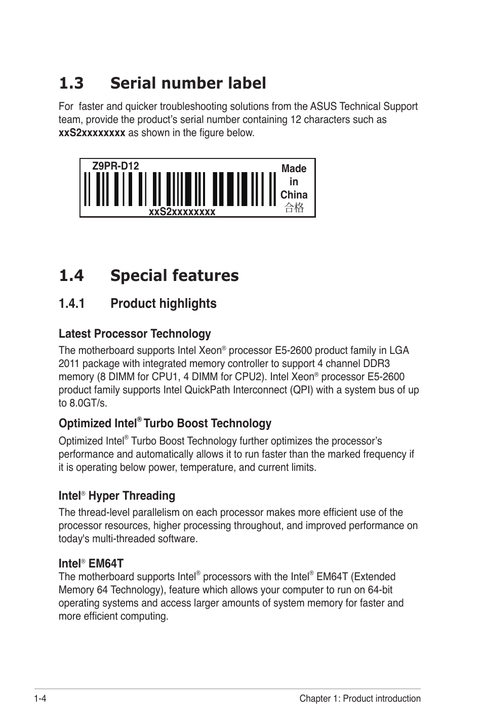 3 serial number label, 4 special features, 1 product highlights | Serial number label -4, Special features -4 1.4.1, Product highlights -4 | Asus Z9PR-D12 User Manual | Page 18 / 190