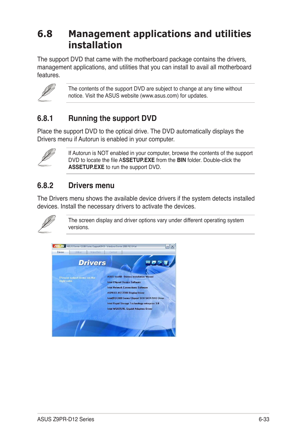 1 running the support dvd, 2 drivers menu, Running the support dvd -33 | Drivers menu -33 | Asus Z9PR-D12 User Manual | Page 183 / 190