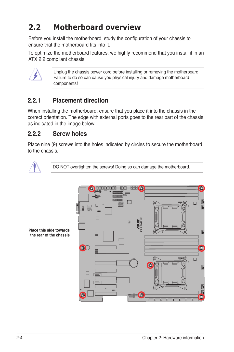 2 motherboard overview, 1 placement direction, 2 screw holes | Motherboard overview -4 2.2.1, Placement direction -4, Screw holes -4, Motherboard overview -4 | Asus Z9PR-D12 User Manual | Page 24 / 190