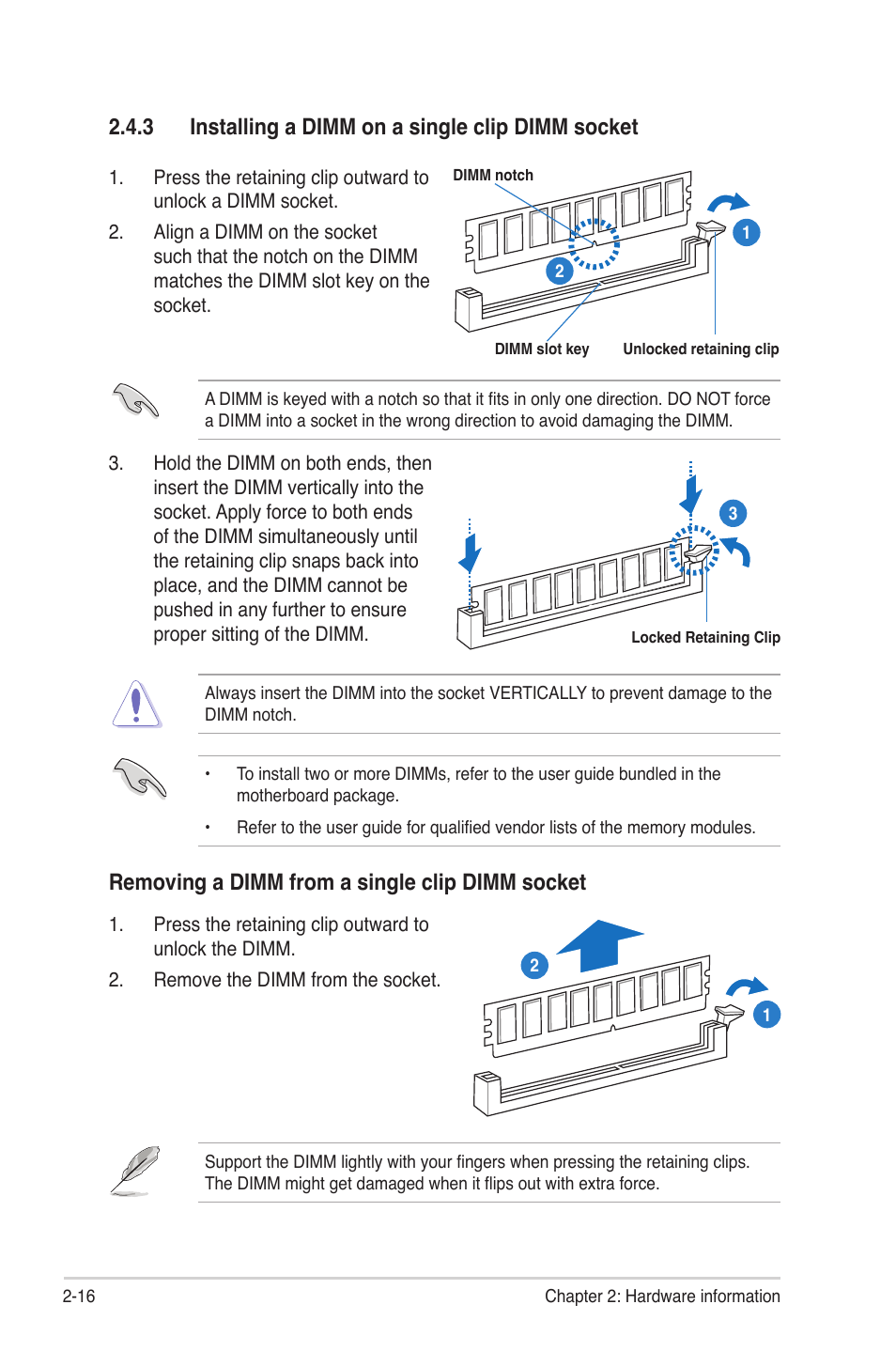 3 installing a dimm on a single clip dimm socket, Removing a dimm from a single clip dimm socket | Asus Z9PR-D12 User Manual | Page 36 / 190