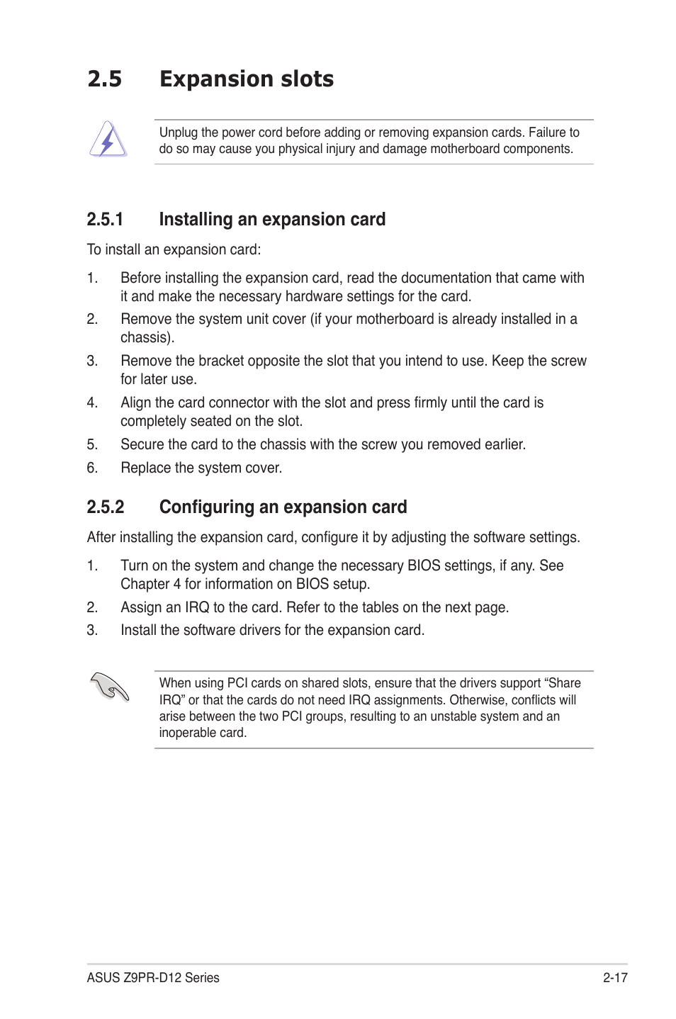 5 expansion slots, 1 installing an expansion card, 2 configuring an expansion card | Expansion slots -17 2.5.1, Installing an expansion card -17, Configuring an expansion card -17, Expansion slots -17 | Asus Z9PR-D12 User Manual | Page 37 / 190