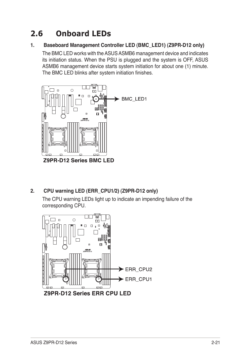 6 onboard leds, Onboard leds -21 | Asus Z9PR-D12 User Manual | Page 41 / 190