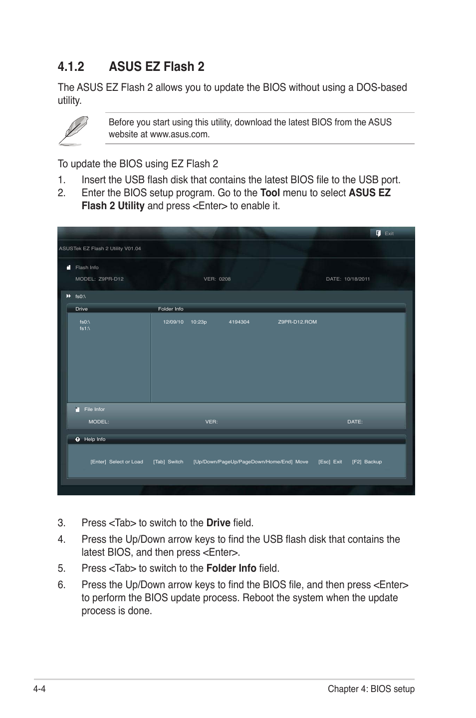 2 asus ez flash 2, Asus ez flash 2 -4, 4 chapter 4: bios setup | Asus Z9PR-D12 User Manual | Page 66 / 190