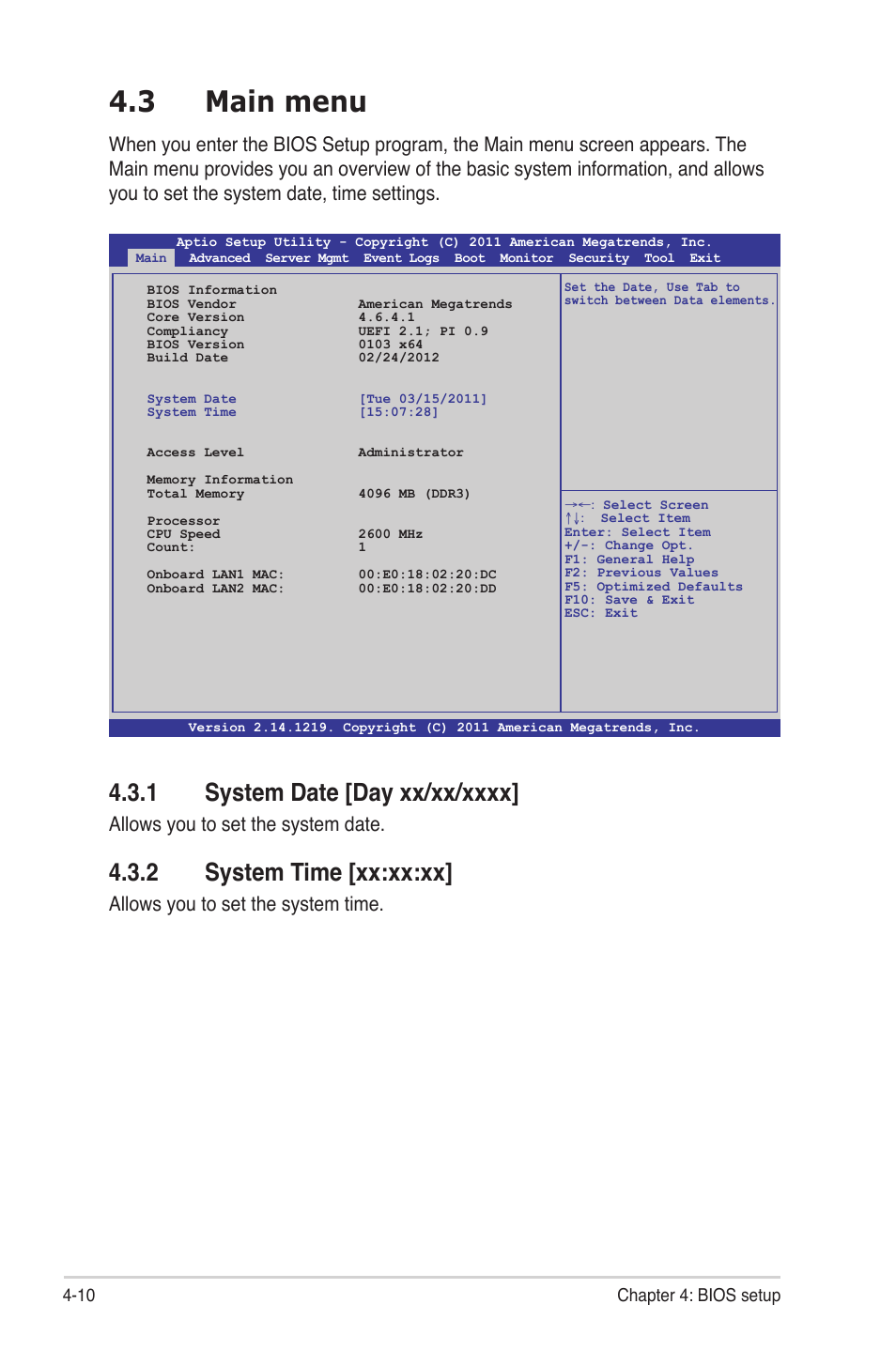 3 main menu, 1 system date [day xx/xx/xxxx, 2 system time [xx:xx:xx | Main menu -10 4.3.1, System date [day xx/xx/xxxx] -10, System time [xx:xx:xx] -10, Main menu -10, Allows you to set the system date, Allows you to set the system time | Asus Z9PR-D12 User Manual | Page 72 / 190