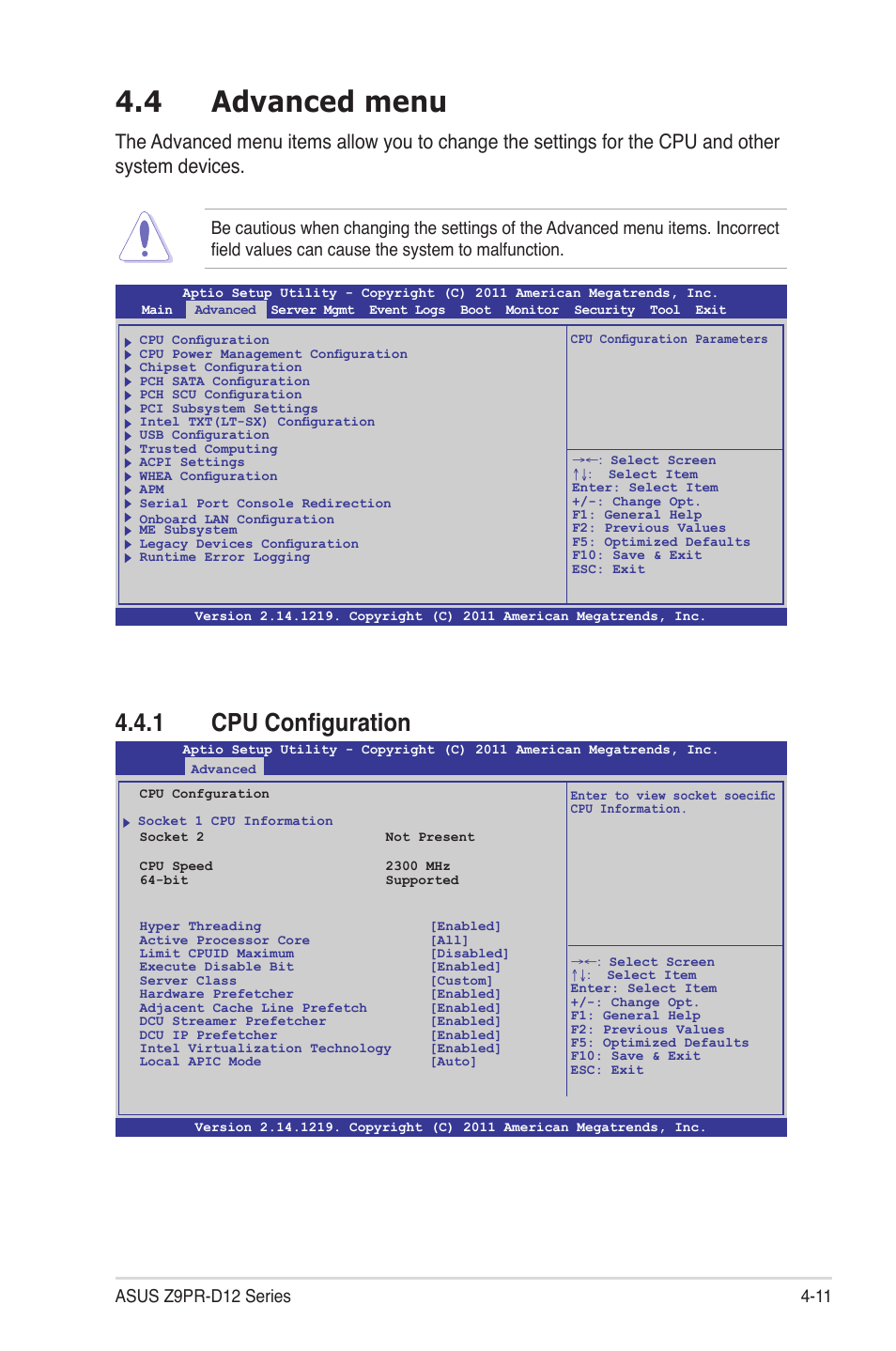 4 advanced menu, 1 cpu configuration, Advanced menu -11 4.4.1 | Cpu configuration -11, Advanced menu -11 | Asus Z9PR-D12 User Manual | Page 73 / 190