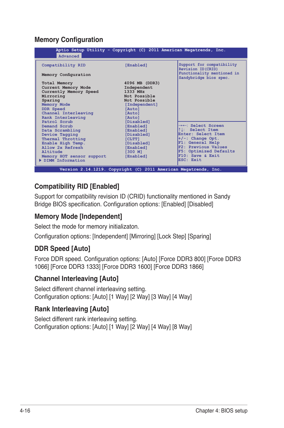 Compatibility rid [enabled, Ddr speed [auto, Channel interleaving [auto | Rank interleaving [auto, 16 chapter 4: bios setup | Asus Z9PR-D12 User Manual | Page 78 / 190