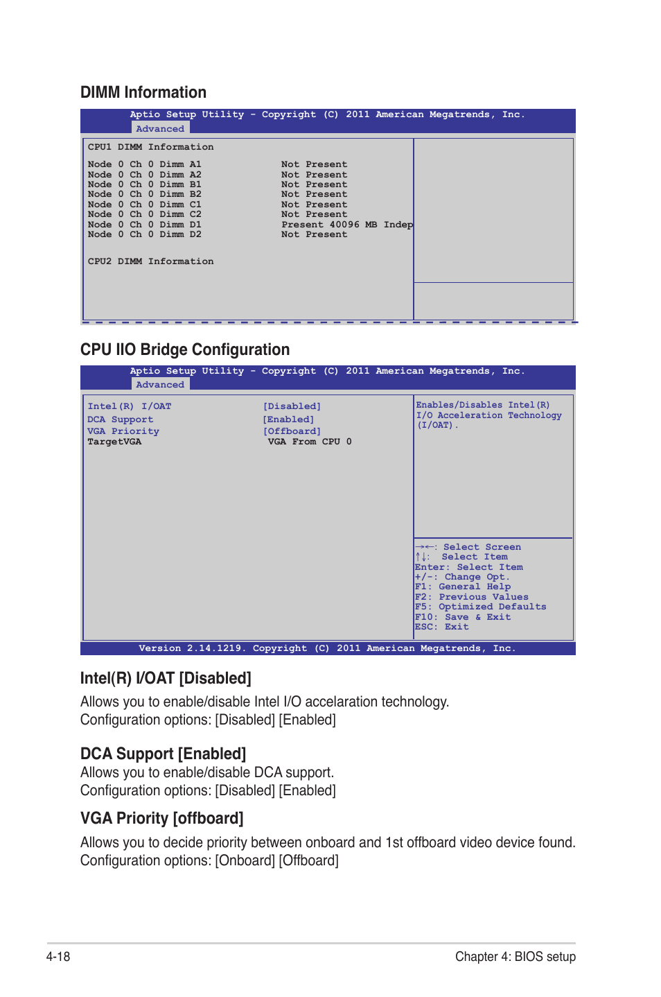 Intel(r) i/oat [disabled, Dca support [enabled, Vga priority [offboard | Cpu iio bridge configuration, Dimm information | Asus Z9PR-D12 User Manual | Page 80 / 190