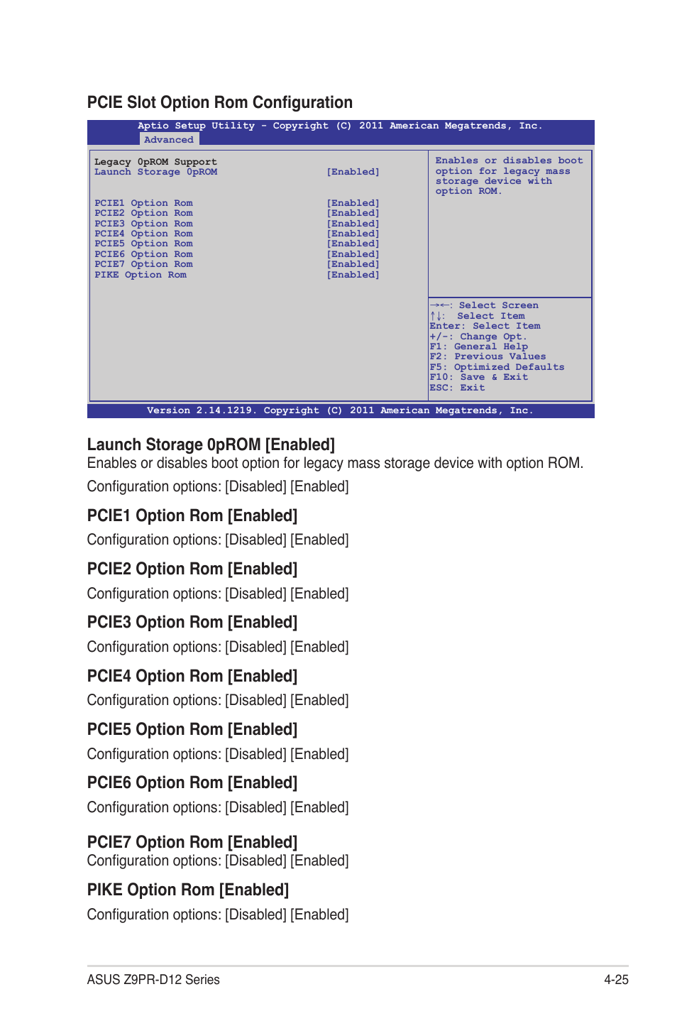 Pcie slot option rom configuration, Launch storage 0prom [enabled, Pcie1 option rom [enabled | Pcie2 option rom [enabled, Pcie3 option rom [enabled, Pcie4 option rom [enabled, Pcie5 option rom [enabled, Pcie6 option rom [enabled, Pcie7 option rom [enabled, Pike option rom [enabled | Asus Z9PR-D12 User Manual | Page 87 / 190