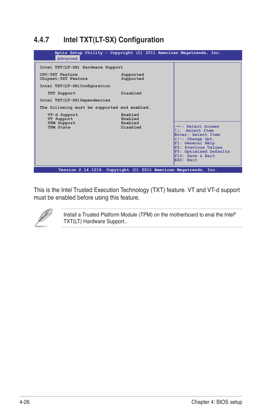 7 intel txt(lt-sx) configuration, Intel txt(lt-sx) configuration -26, 26 chapter 4: bios setup | Txt(lt) hardware support | Asus Z9PR-D12 User Manual | Page 88 / 190