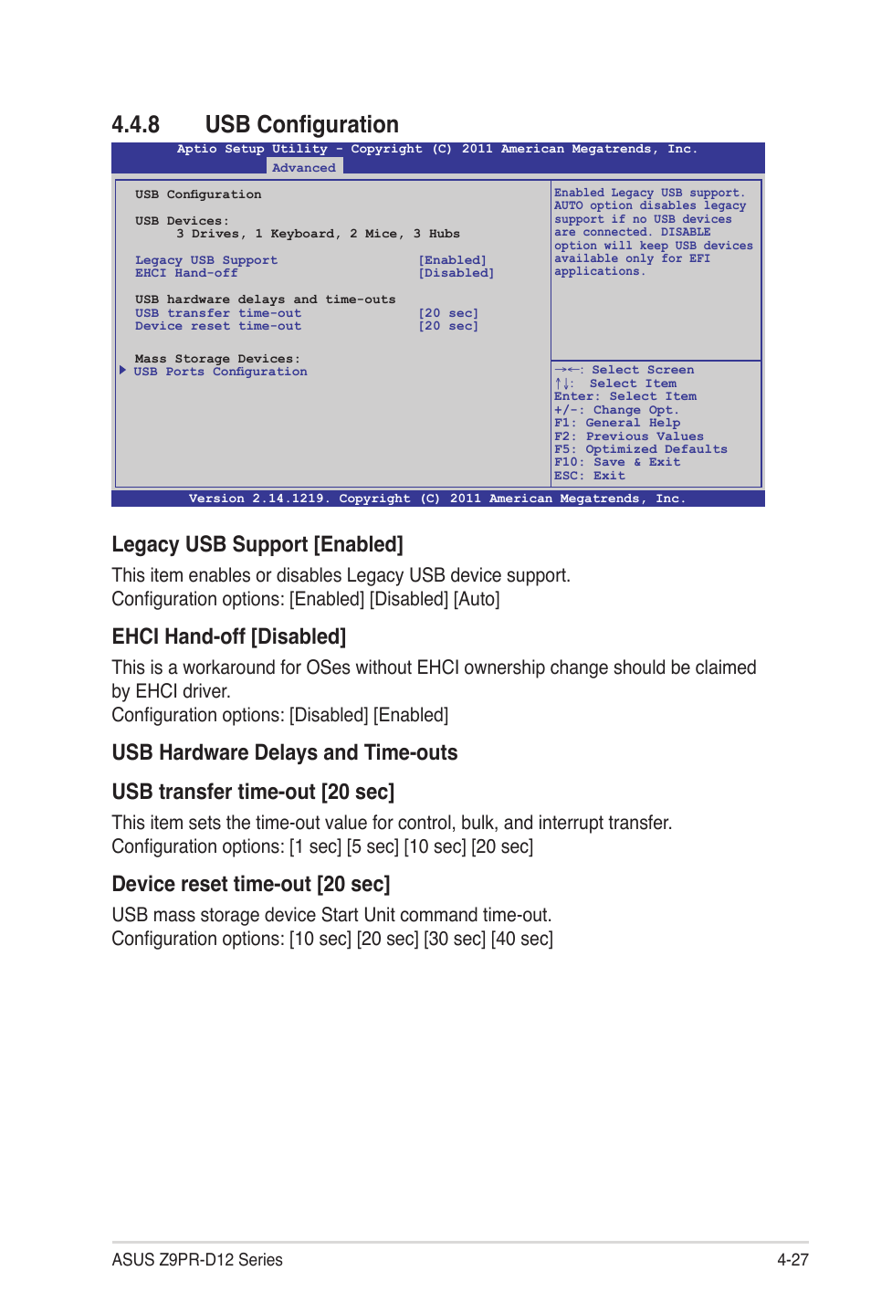 8 usb configuration, Usb configuration -27, Legacy usb support [enabled | Ehci hand-off [disabled, Device reset time-out [20 sec | Asus Z9PR-D12 User Manual | Page 89 / 190