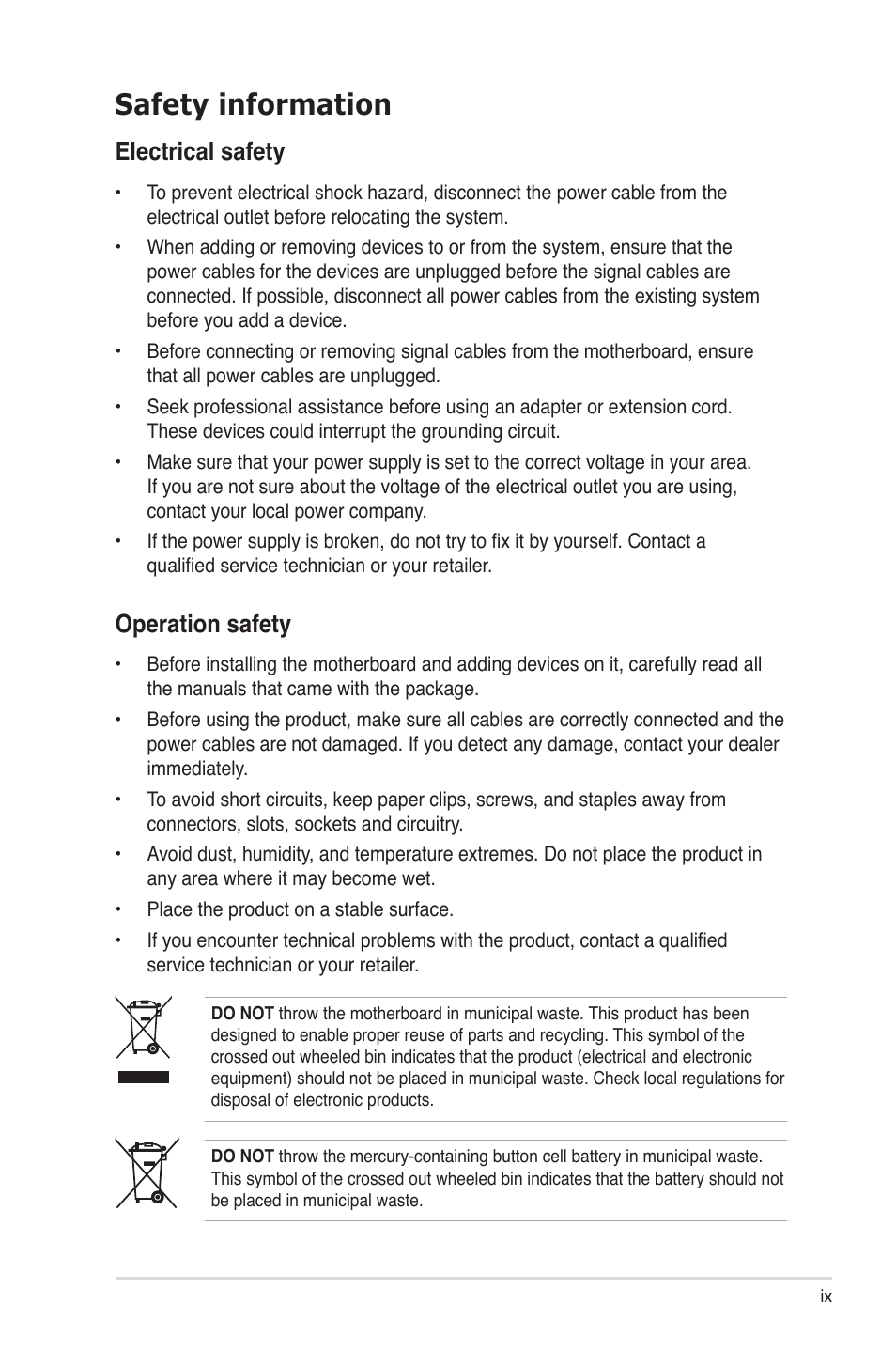 Safety information, Electrical safety, Operation safety | Asus Z9PR-D12 User Manual | Page 9 / 190