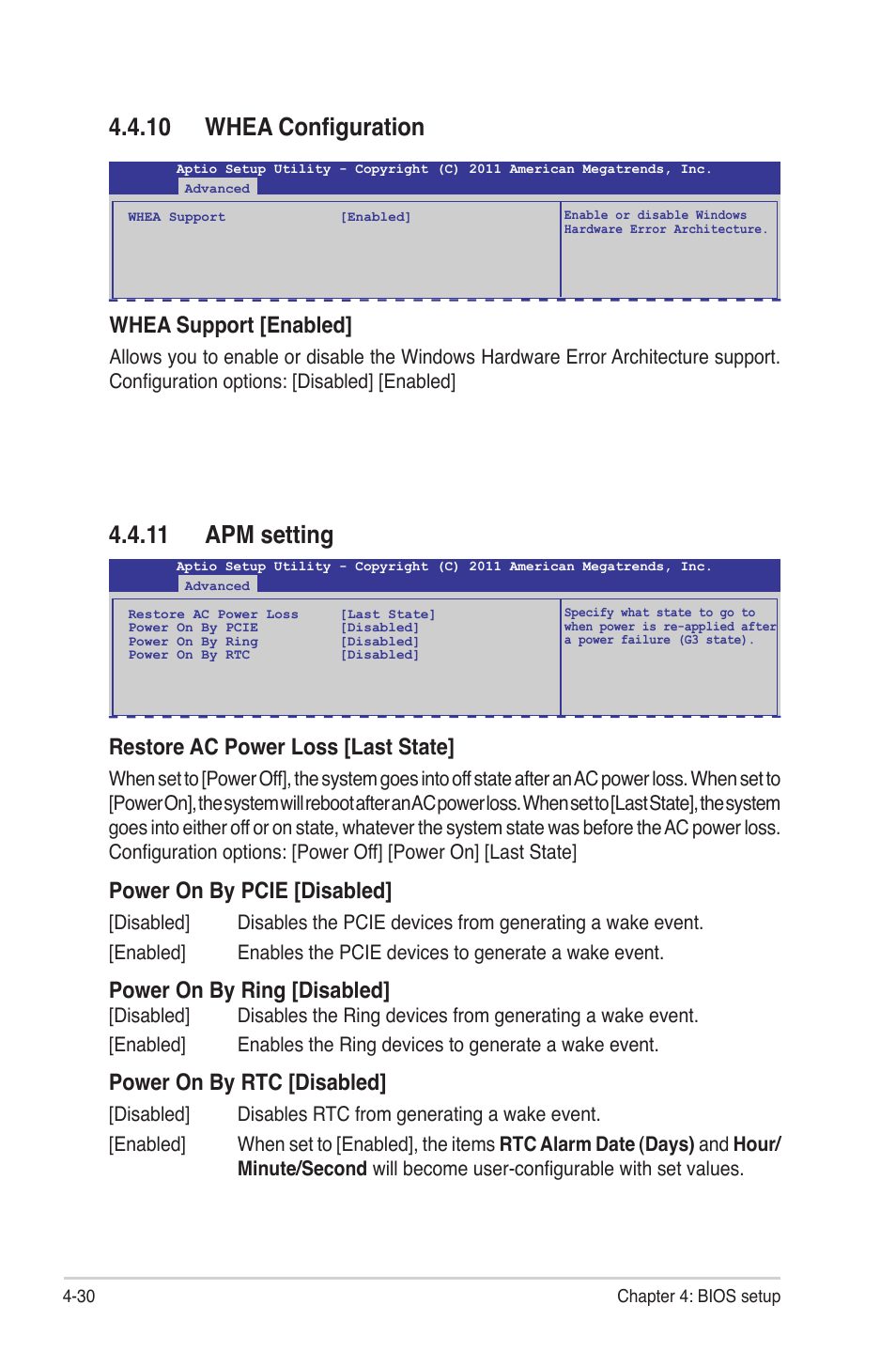 10 whea configuration, 11 apm setting, 10 whea configuration -30 4.4.11 apm setting -30 | Restore ac power loss [last state, Power on by pcie [disabled, Power on by ring [disabled, Power on by rtc [disabled, Whea support [enabled | Asus Z9PR-D12 User Manual | Page 92 / 190