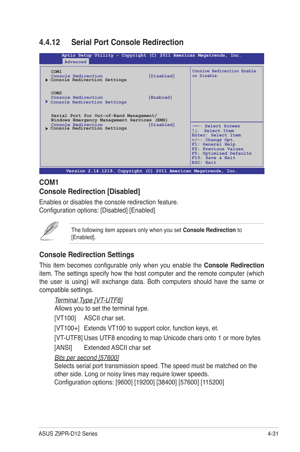 12 serial port console redirection, 12 serial port console redirection -31, Console redirection settings | Com1 console redirection [disabled | Asus Z9PR-D12 User Manual | Page 93 / 190