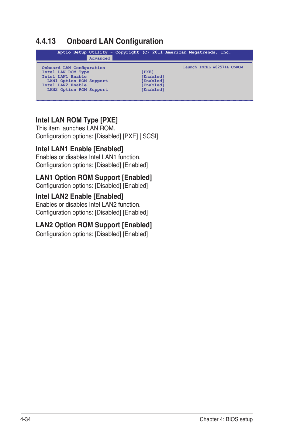 13 onboard lan configuration, 13 onboard lan configuration -34, Intel lan rom type [pxe | Intel lan1 enable [enabled, Lan1 option rom support [enabled, Intel lan2 enable [enabled, Lan2 option rom support [enabled, Configuration options: [disabled] [enabled | Asus Z9PR-D12 User Manual | Page 96 / 190