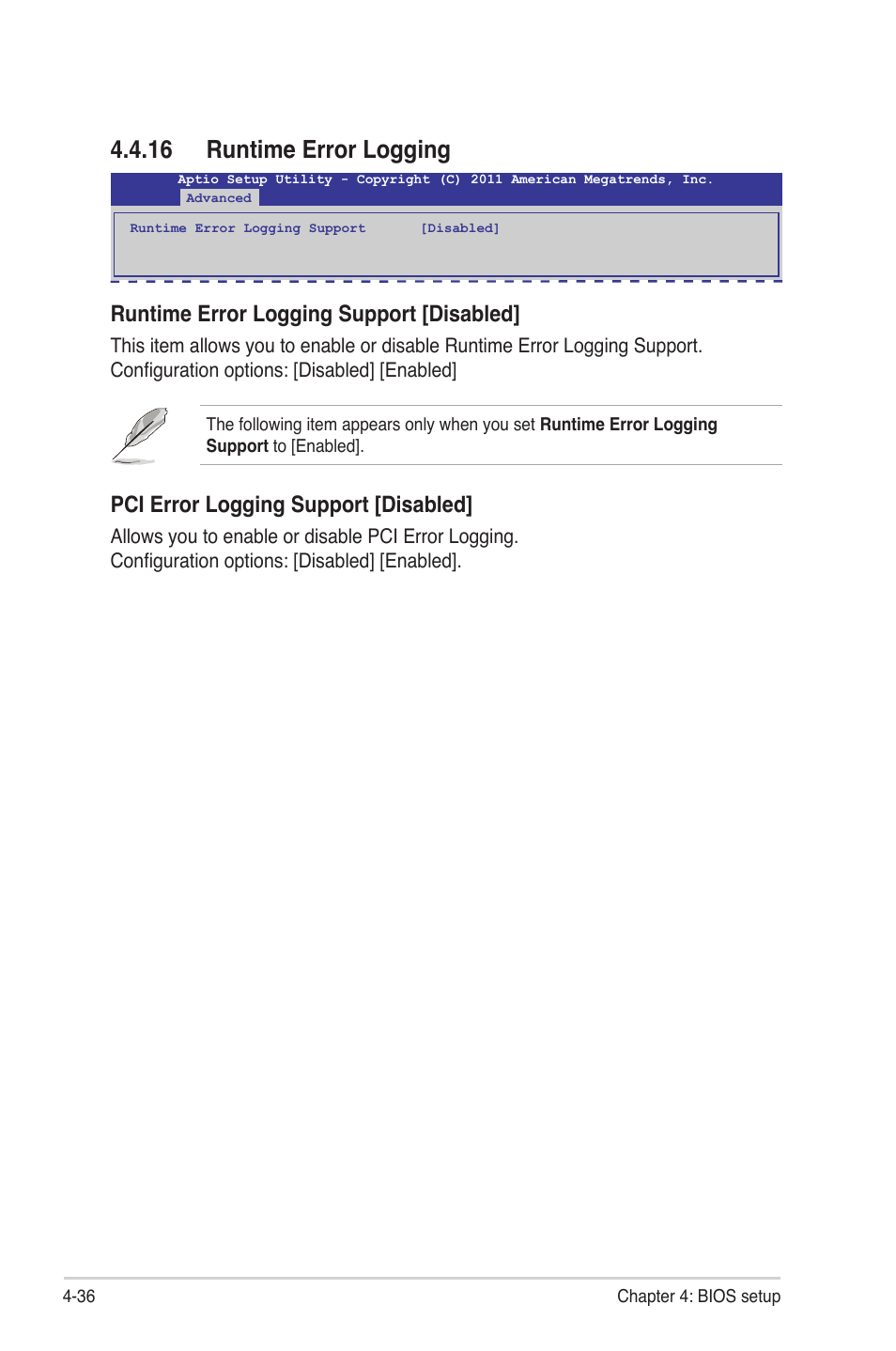 16 runtime error logging, 16 runtime error logging -36, Runtime error logging support [disabled | Pci error logging support [disabled | Asus Z9PR-D12 User Manual | Page 98 / 190