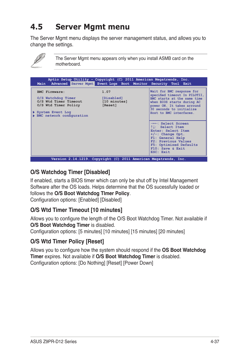 5 server mgmt menu, Server mgmt menu -37, O/s watchdog timer [disabled | O/s wtd timer timeout [10 minutes, O/s wtd timer policy [reset | Asus Z9PR-D12 User Manual | Page 99 / 190