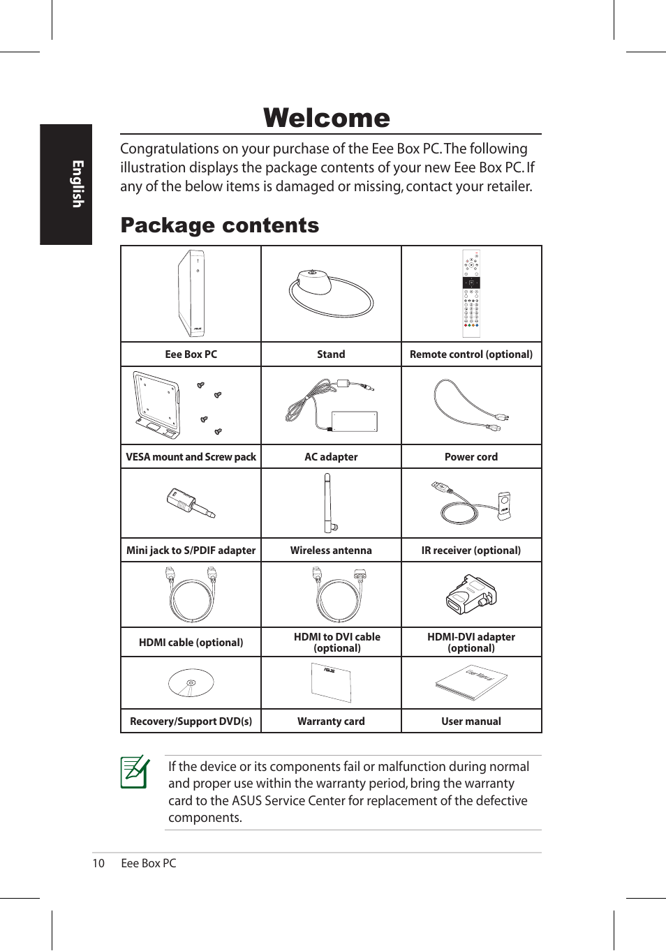 Welcome, Package contents, English | Asus EB1006 User Manual | Page 10 / 172