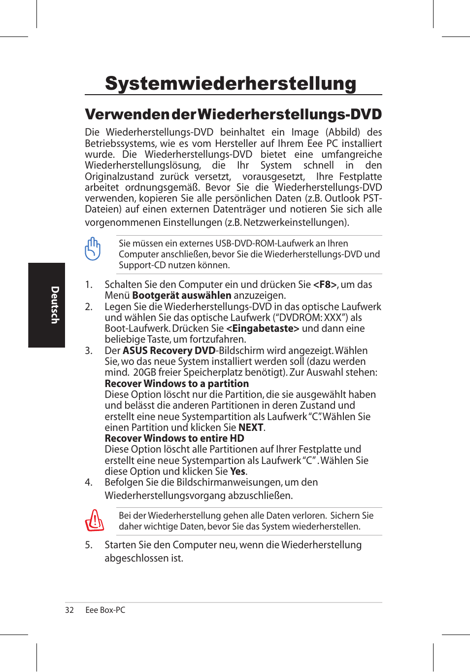 Systemwiederherstellung, Verwenden der wiederherstellungs-dvd | Asus EB1006 User Manual | Page 100 / 172