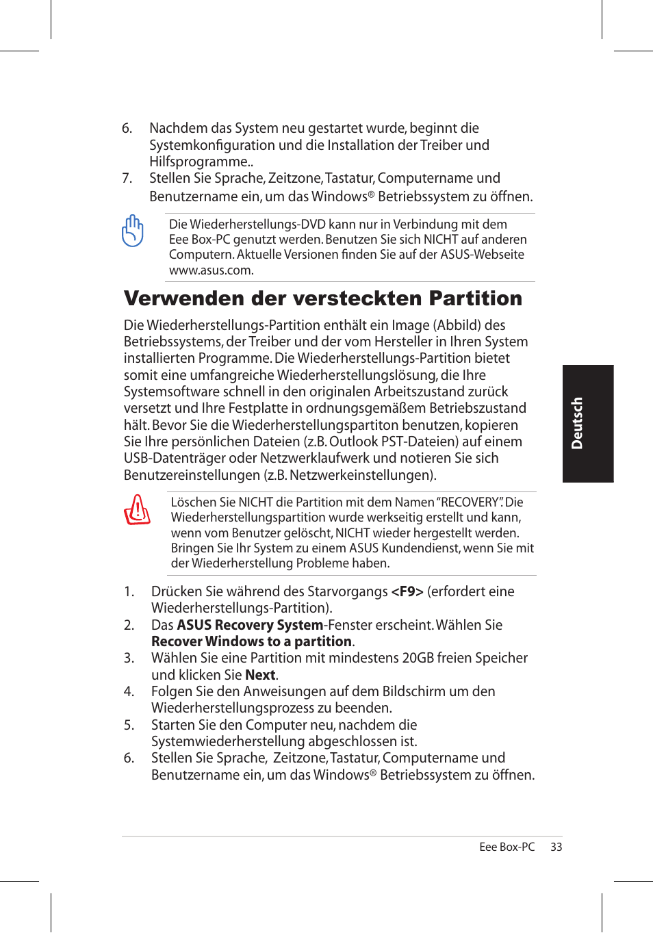 Verwenden der versteckten partition | Asus EB1006 User Manual | Page 101 / 172