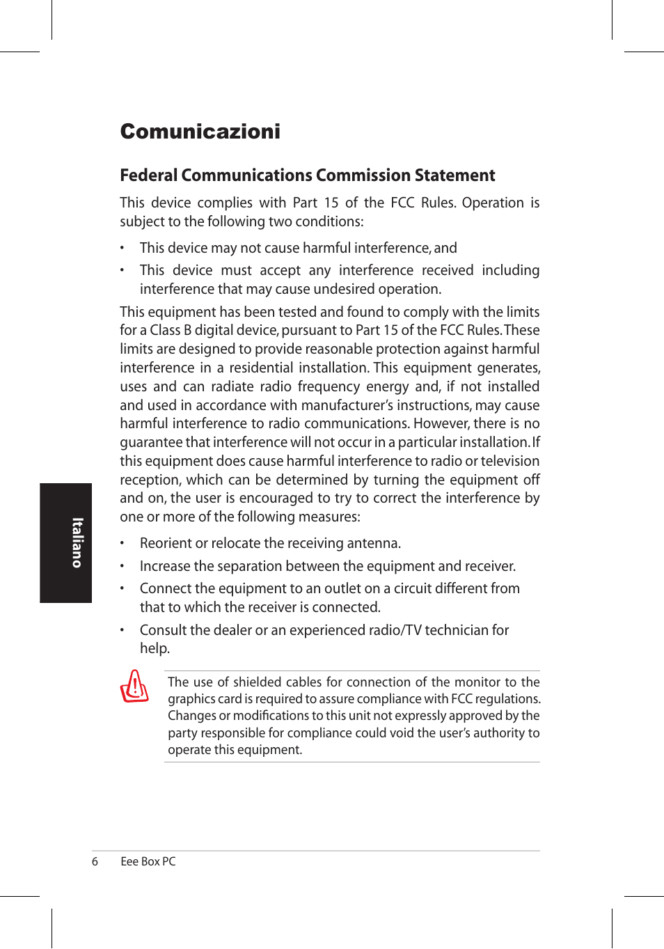 Comunicazioni, Federal communications commission statement | Asus EB1006 User Manual | Page 108 / 172