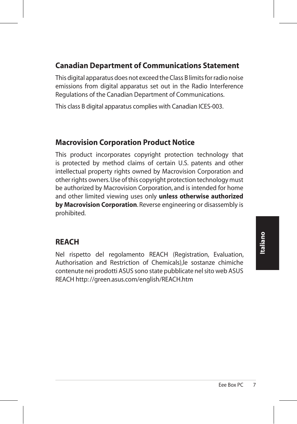 Canadian department of communications statement, Macrovision corporation product notice, Reach | Asus EB1006 User Manual | Page 109 / 172