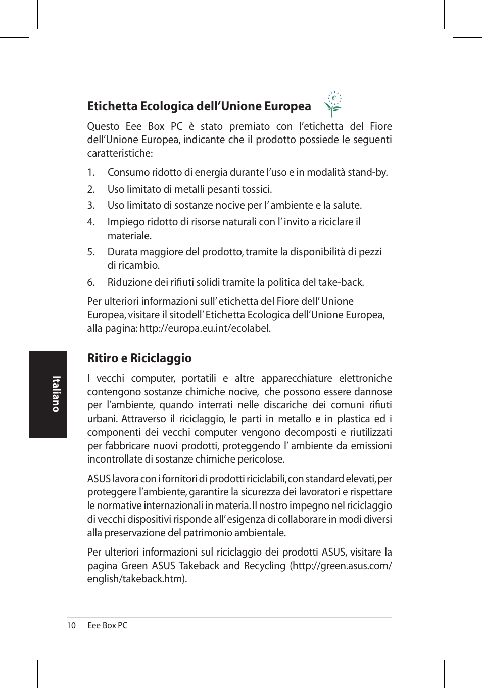 Etichetta ecologica dell’unione europea, Ritiro e riciclaggio | Asus EB1006 User Manual | Page 112 / 172