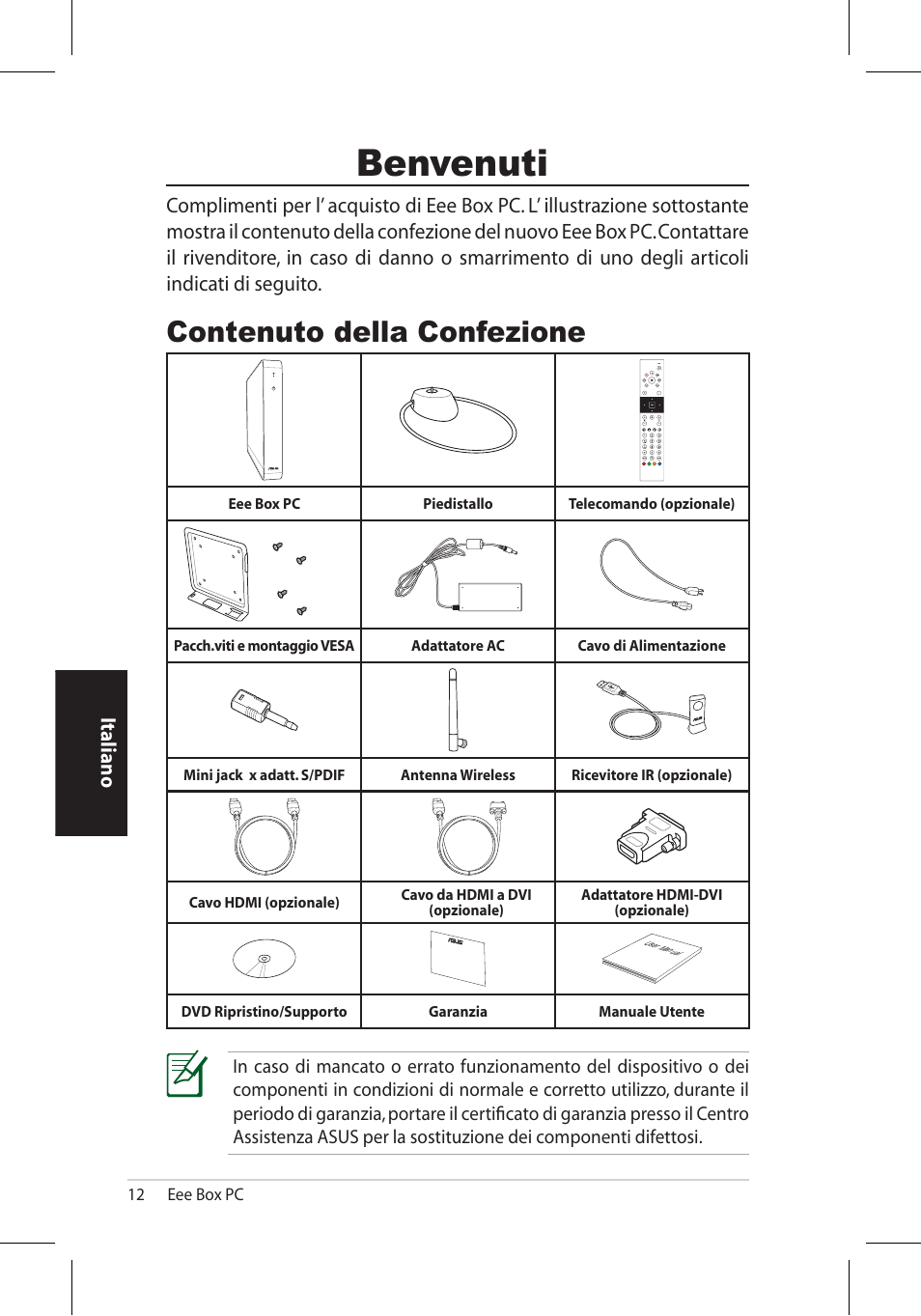 Benvenuti, Contenuto della confezione, Italiano | Asus EB1006 User Manual | Page 114 / 172