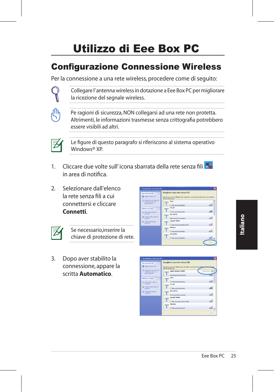 Utilizzo di eee box pc, Configurazione connessione wireless | Asus EB1006 User Manual | Page 127 / 172