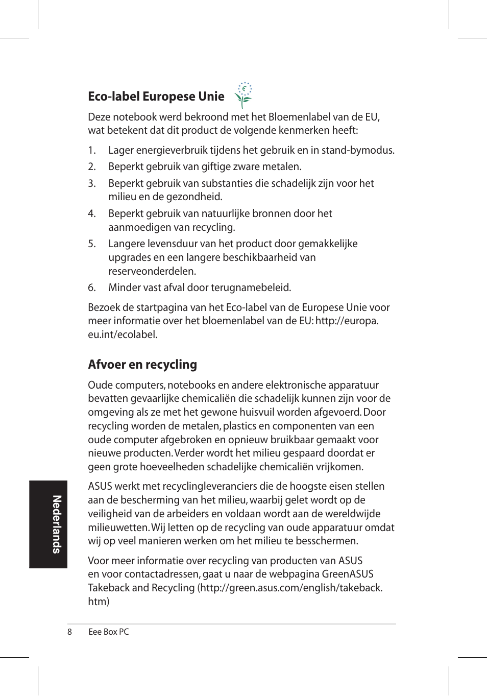 Eco-label.europese.unie, Afvoer.en.recycling | Asus EB1006 User Manual | Page 146 / 172