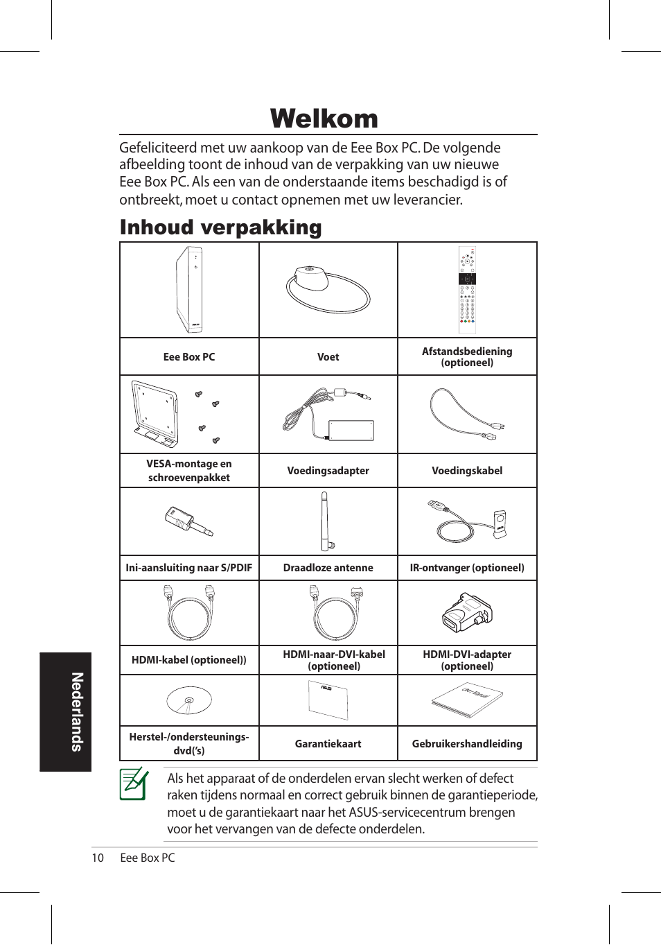 Welkom, Inhoud verpakking, Nederlands | Asus EB1006 User Manual | Page 148 / 172