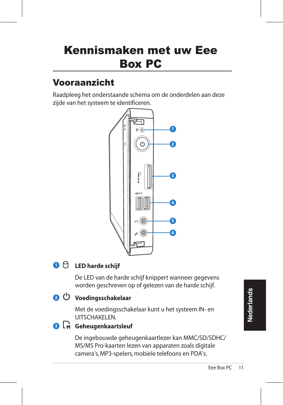 Kennismaken met uw eee box pc, Vooraanzicht | Asus EB1006 User Manual | Page 149 / 172