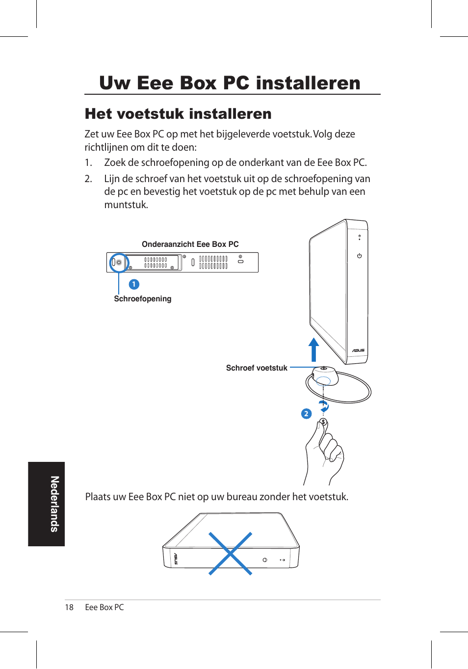 Uw eee box pc installeren, Het voetstuk installeren | Asus EB1006 User Manual | Page 156 / 172