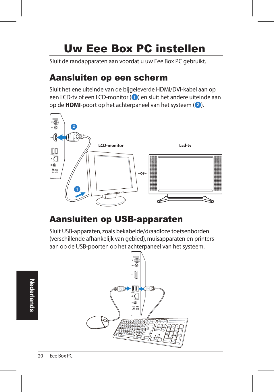 Uw eee box pc instellen, Aansluiten op een scherm, Aansluiten op usb-apparaten | Asus EB1006 User Manual | Page 158 / 172