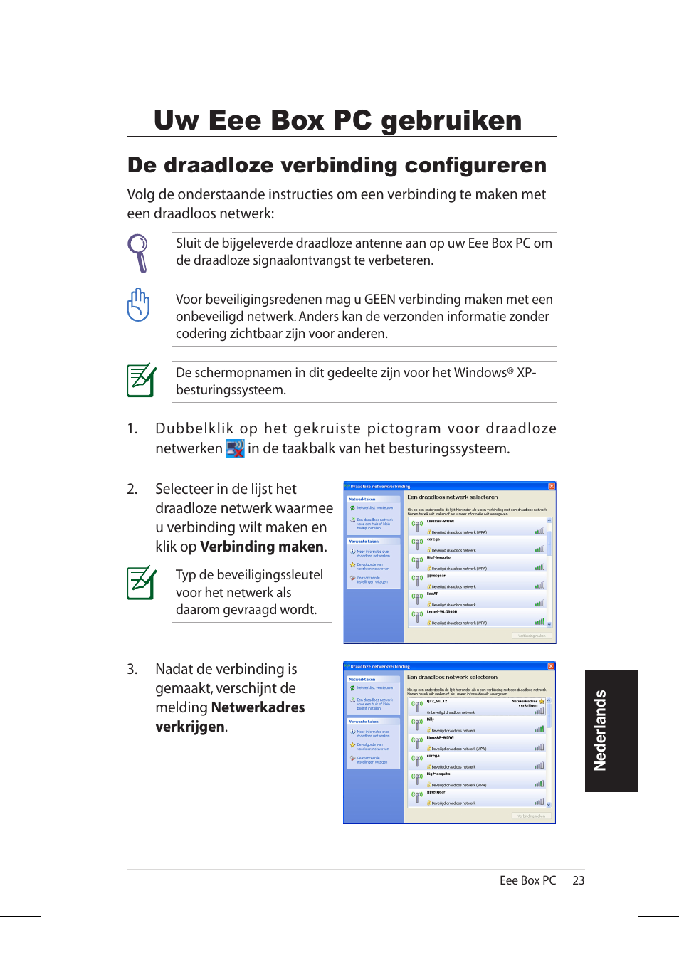 Uw eee box pc gebruiken, De draadloze verbinding configureren | Asus EB1006 User Manual | Page 161 / 172