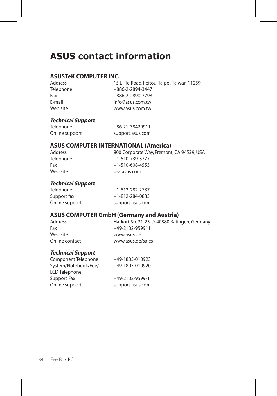 Asus contact information | Asus EB1006 User Manual | Page 172 / 172