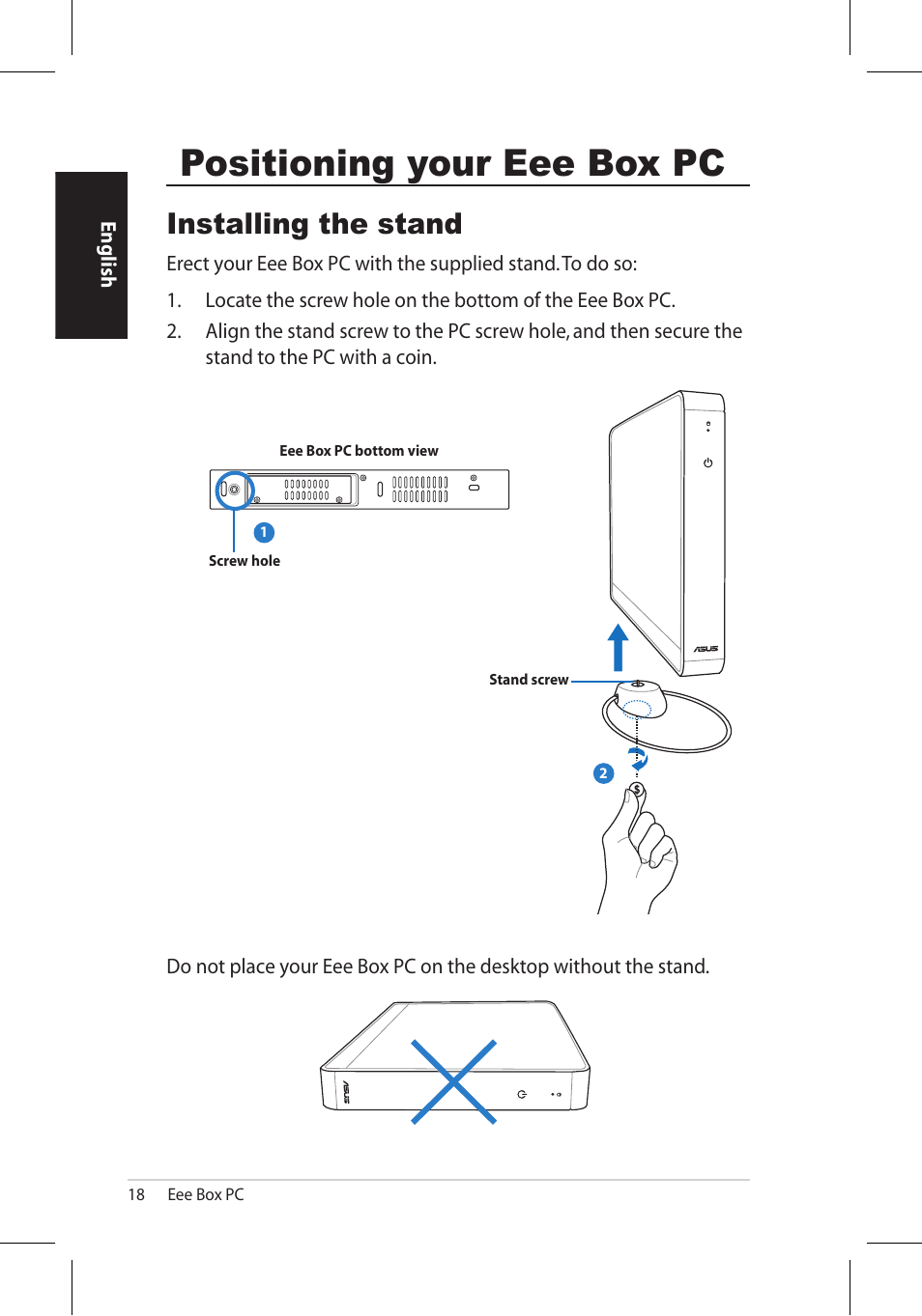 Positioning your eee box pc, Installing the stand | Asus EB1006 User Manual | Page 18 / 172