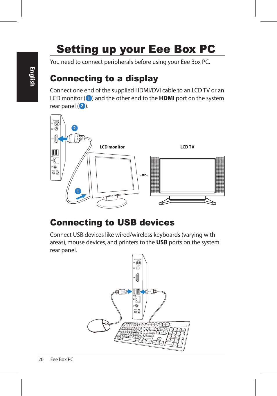 Setting up your eee box pc, Connecting to a display, Connecting to usb devices | Asus EB1006 User Manual | Page 20 / 172