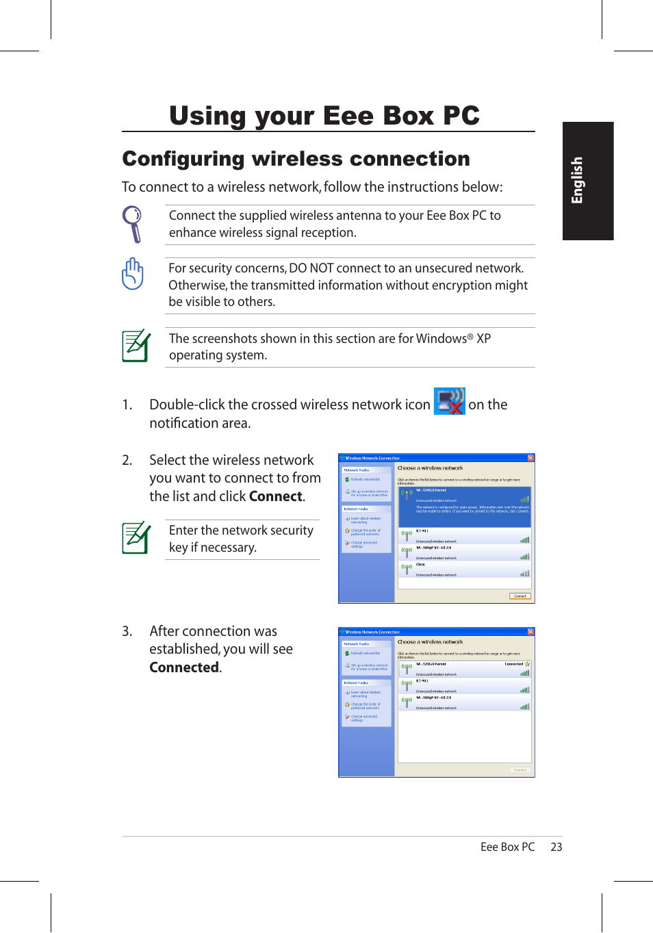 Using your eee box pc, Configuring wireless connection | Asus EB1006 User Manual | Page 23 / 172