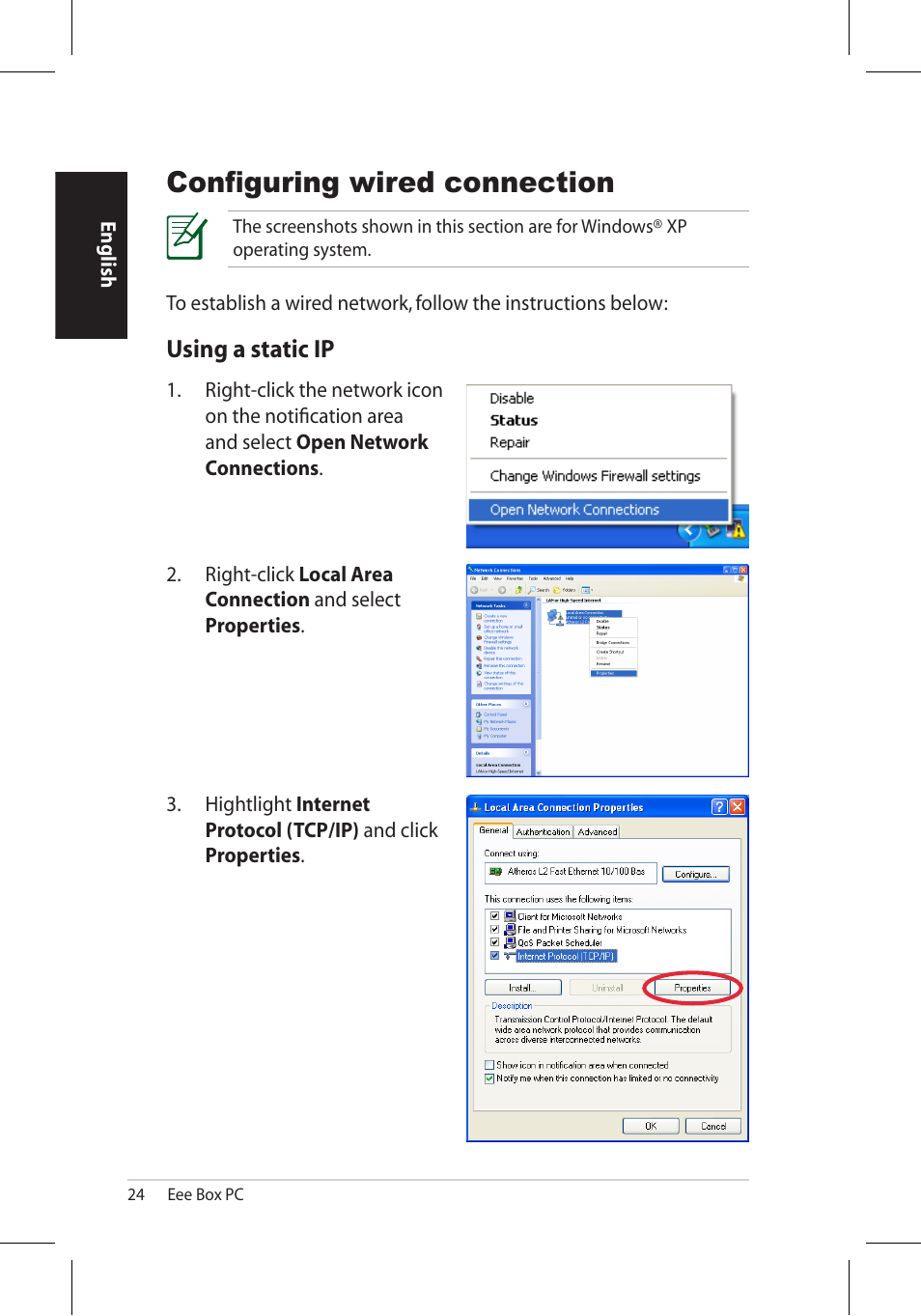 Configuring wired connection, Using a static ip | Asus EB1006 User Manual | Page 24 / 172