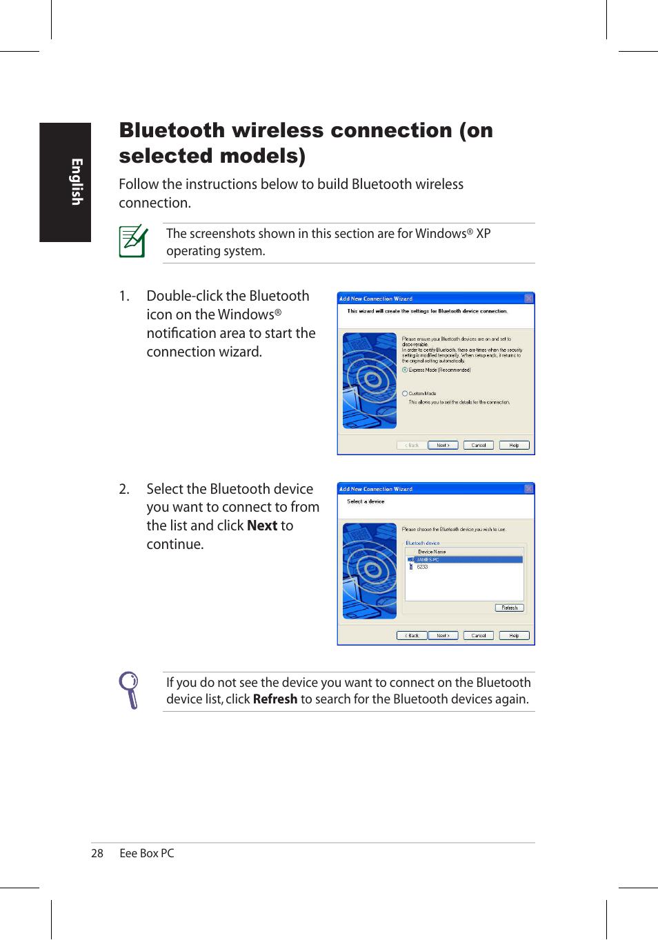 Bluetooth wireless connection (on selected models) | Asus EB1006 User Manual | Page 28 / 172