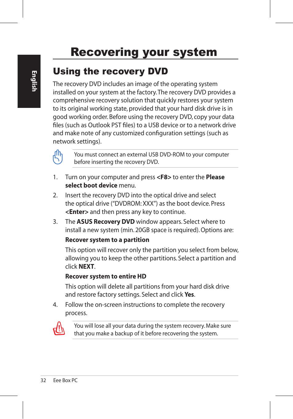 Recovering your system, Using the recovery dvd | Asus EB1006 User Manual | Page 32 / 172