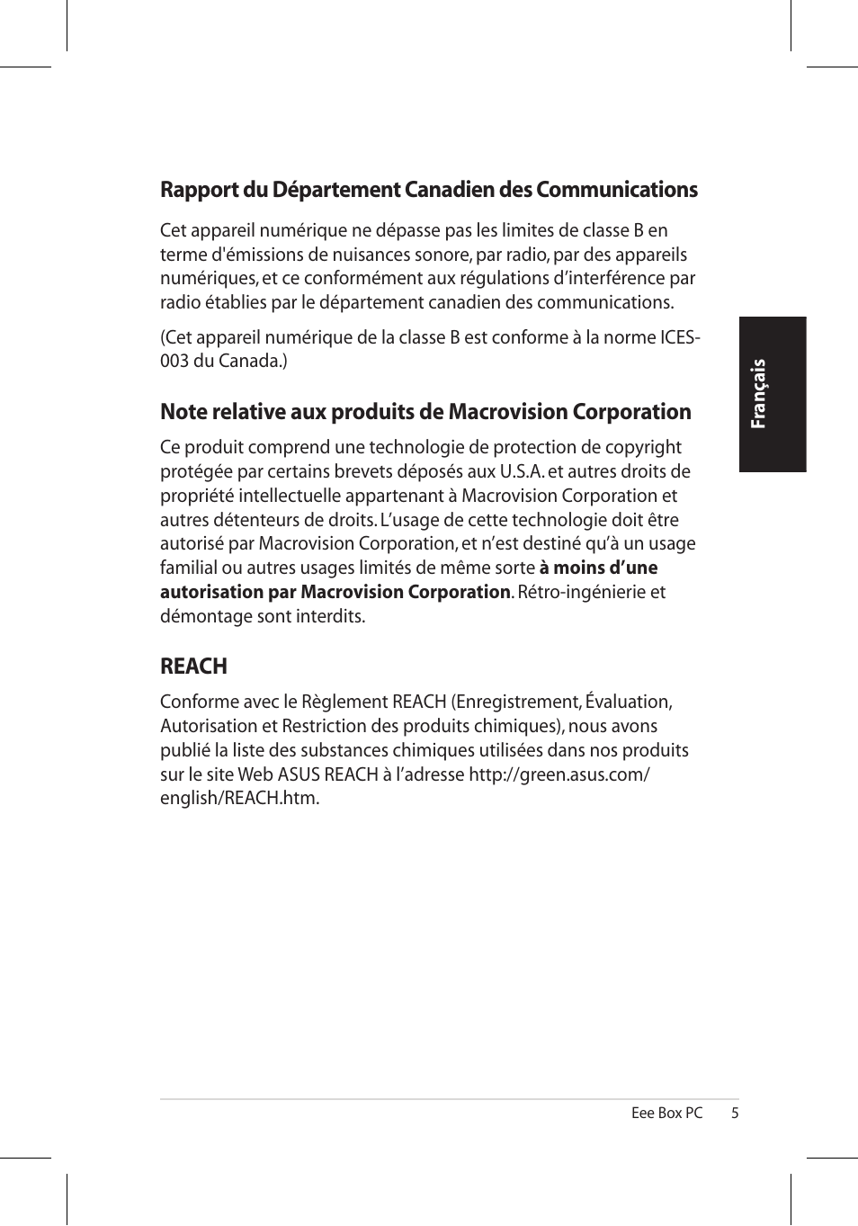 Rapport du département canadien des communications, Reach | Asus EB1006 User Manual | Page 39 / 172