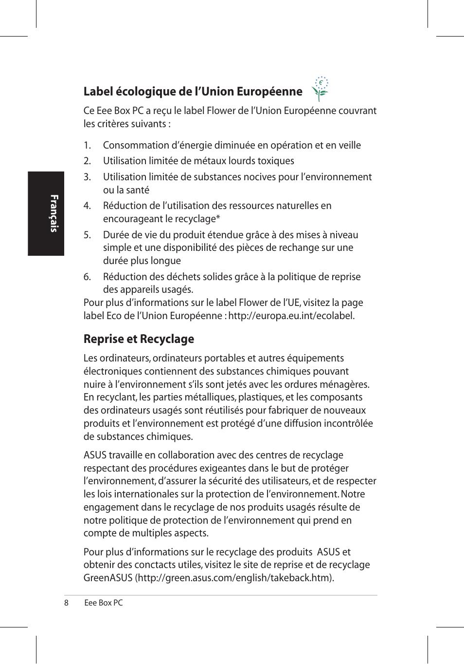 Label écologique de l’union européenne, Reprise et recyclage | Asus EB1006 User Manual | Page 42 / 172