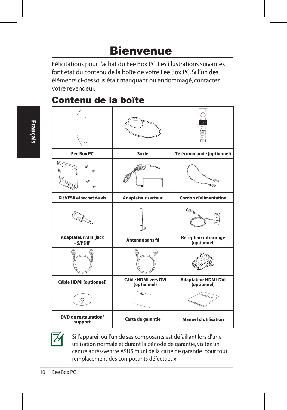 Bienvenue, Contenu de la boîte | Asus EB1006 User Manual | Page 44 / 172
