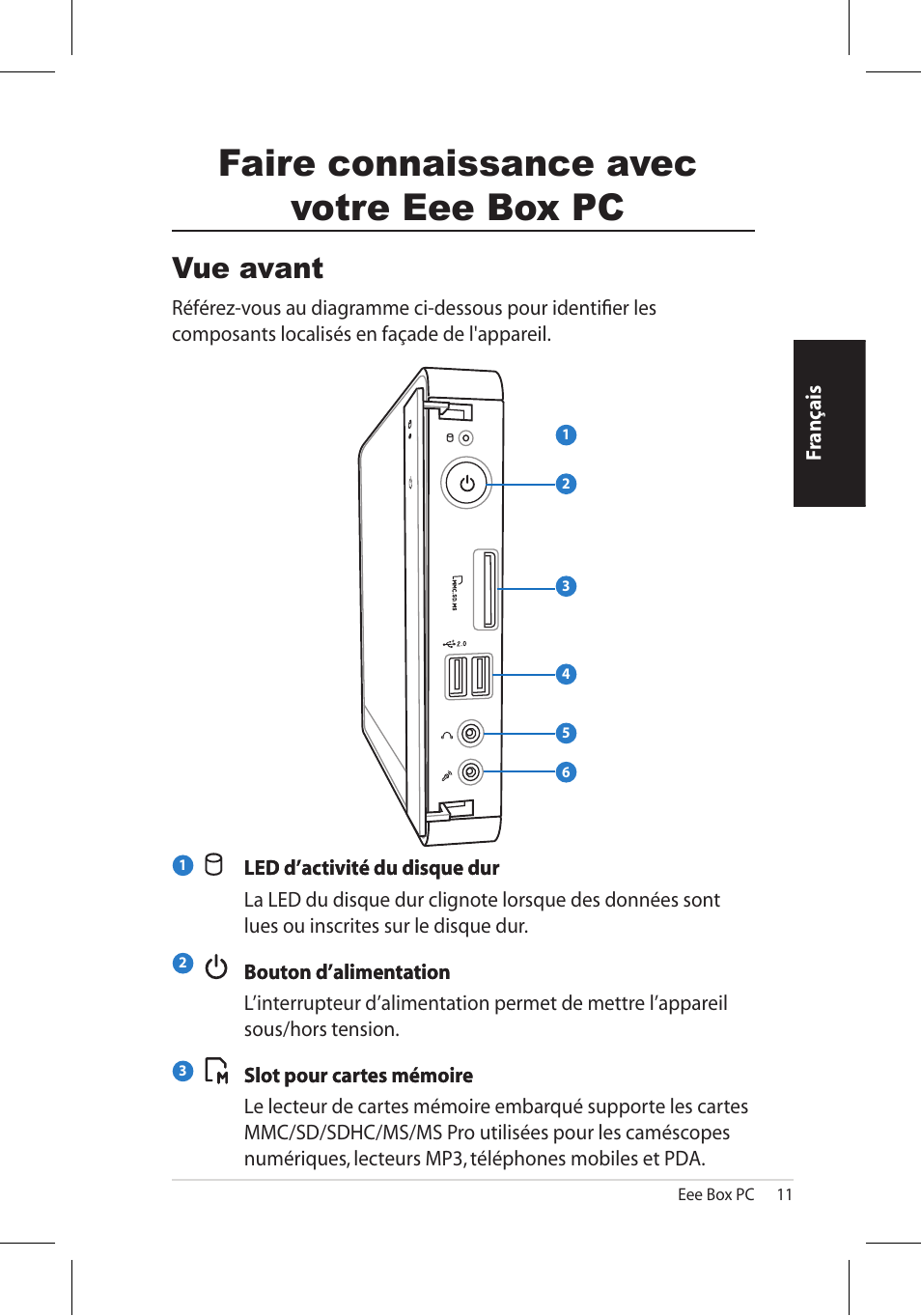 Faire connaissance avec votre eee box pc, Vue avant | Asus EB1006 User Manual | Page 45 / 172